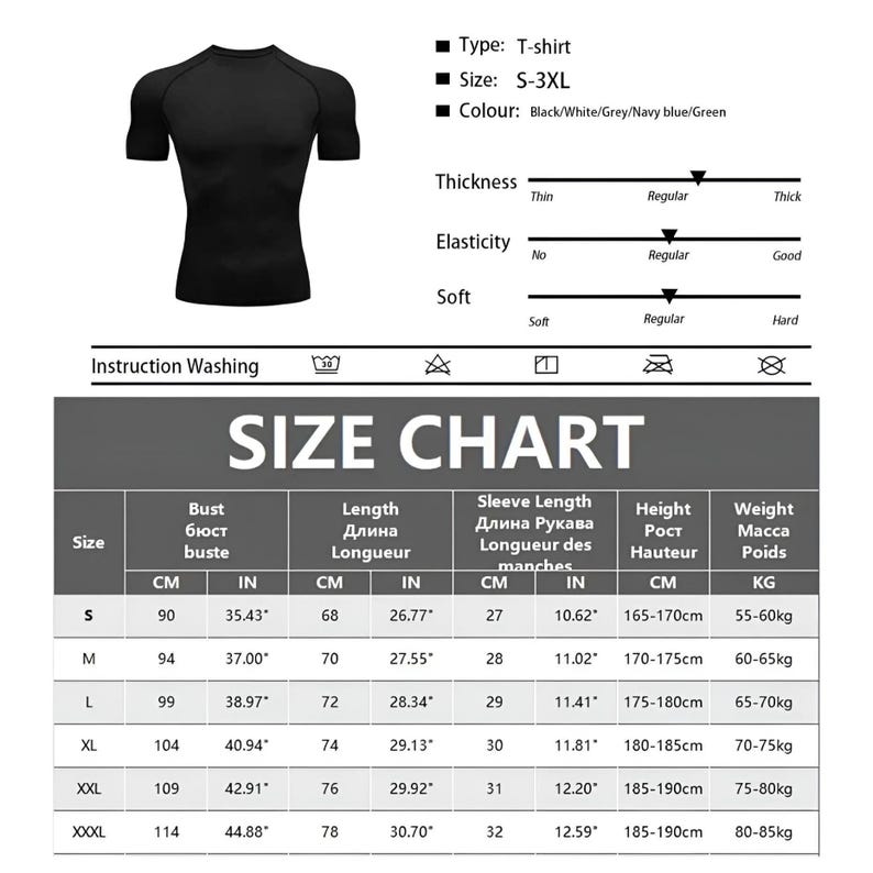 May include: Black short-sleeve T-shirt with a crew neck. The image includes a size chart with measurements in inches and centimeters, and a washing instruction guide. The shirt is available in sizes S-3XL and in colors black, white, grey, navy blue, and green.