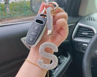 Personalized Rhinestone Initial Keychain | Custom Letter Keyring A-Z | Bling Alphabet Glitter Charm | Sparkly Gift for Her | Car Accessories
