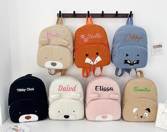 Personalized Embroidered Bear Corduroy Backpack – Custom Name School Bag, Cute Animal Student Bag, Large Capacity Shoulder Bag for Kids