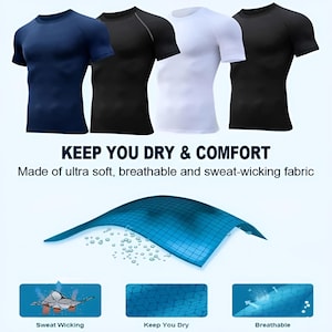May include: Four athletic shirts in navy blue, black, and white are displayed. The image includes the text "KEEP YOU DRY & COMFORT" and "Made of ultra soft, breathable and sweat-wicking fabric". Additional graphics highlight sweat-wicking, dryness, and breathability.