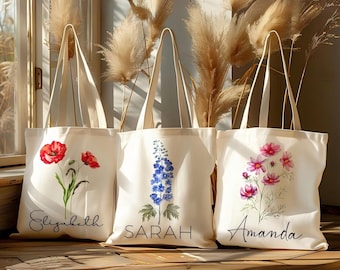 Personalized Birth Month Flower Tote Bag | Custom Name Canvas Bag | Name Colors & Fonts | Custom Floral Gift for Her | Reusable Shopping Bag