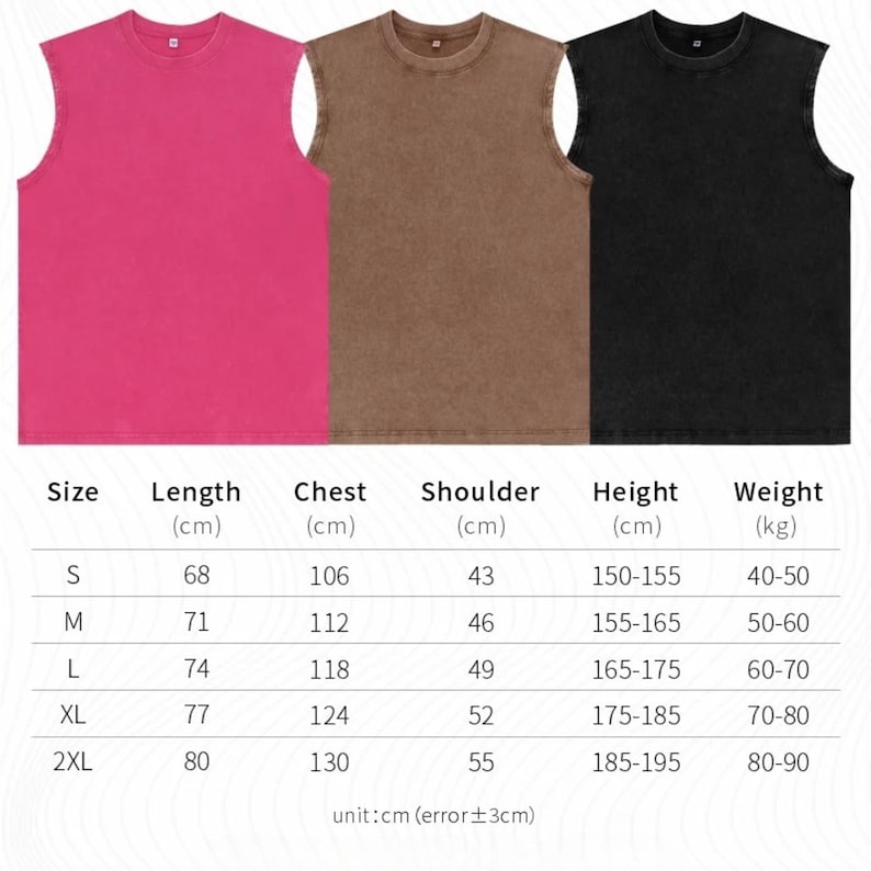 Puede incluir: Tres camisetas sin mangas en fucsia, marr&oacute;n y negro. La imagen incluye una tabla de tallas con medidas en cent&iacute;metros para largo, pecho, hombro, altura y peso. Las camisetas sin mangas probablemente est&aacute;n hechas de una tela suave y transpirable.