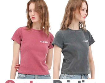 Custom Vintage Washed Women’s T-Shirt | Slim Fit Crewneck Tee | Personalized Logo, Text or Image | Cotton Summer Top | Front & Back Print