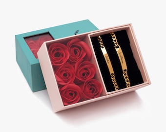 Custom Engraved Couples Bracelet Set – His and Her Matching Bracelets – Silver & Gold – Personalized Name Jewelry – Free Rose Gift Box