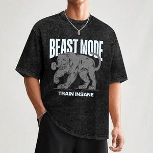 Beast Mode Gym T-Shirt - Oversized Workout Shirt - Acid Washed Fitness Tee - Bodybuilding Graphic Tee - Muscle Gym Wear for Men and Women