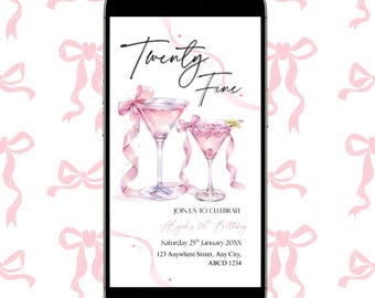 25th Birthday Invitation: Pink Cocktail Party Theme (Digital Download)