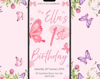 Pink Butterfly 1st Birthday Invitation, Editable Canva Template (Digital Download)