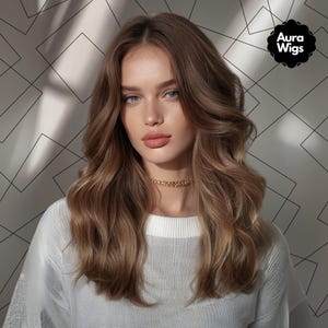 22インチのブラウンウィッグ、ロングウィッグ、ウェーブウィッグ、女性用ウィッグ、レイヤードウィッグ、女性用ヘア、ブラウンヘア、合成ウィッグ、ヘアウィッグ、コスプレウィッグ、デイリーウィッグ