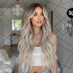 Peluca rubia ceniza platino para mujer, peluca larga con raíces naturales resistente al calor y con ondas, peinado glamuroso para citas