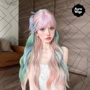 28インチ マルチカラー レインボーウィッグ、女性用ウィッグ、ロングウィッグ、ウェーブウィッグ、合成ウィッグ、女性用ヘア、コスプレウィッグ、パーティーウィッグ、レインボーウィッグ