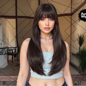 Brown Long Layered Wig with Bangs, Natural Look Heat-Resistant Synthetic Hair for Women, Soft Glamorous Wig, Costume Wigs, Halloween Wigs
