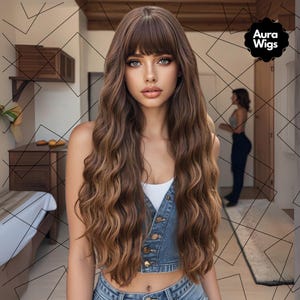 30インチのブラウンウィッグ、ロングウィッグ、ウェーブウィッグ、女性用ウィッグ、合成ウィッグ、耐熱ウィッグ、ブラウンヘア、女性用ヘア、コスチュームウィッグ、コスプレウィッグ