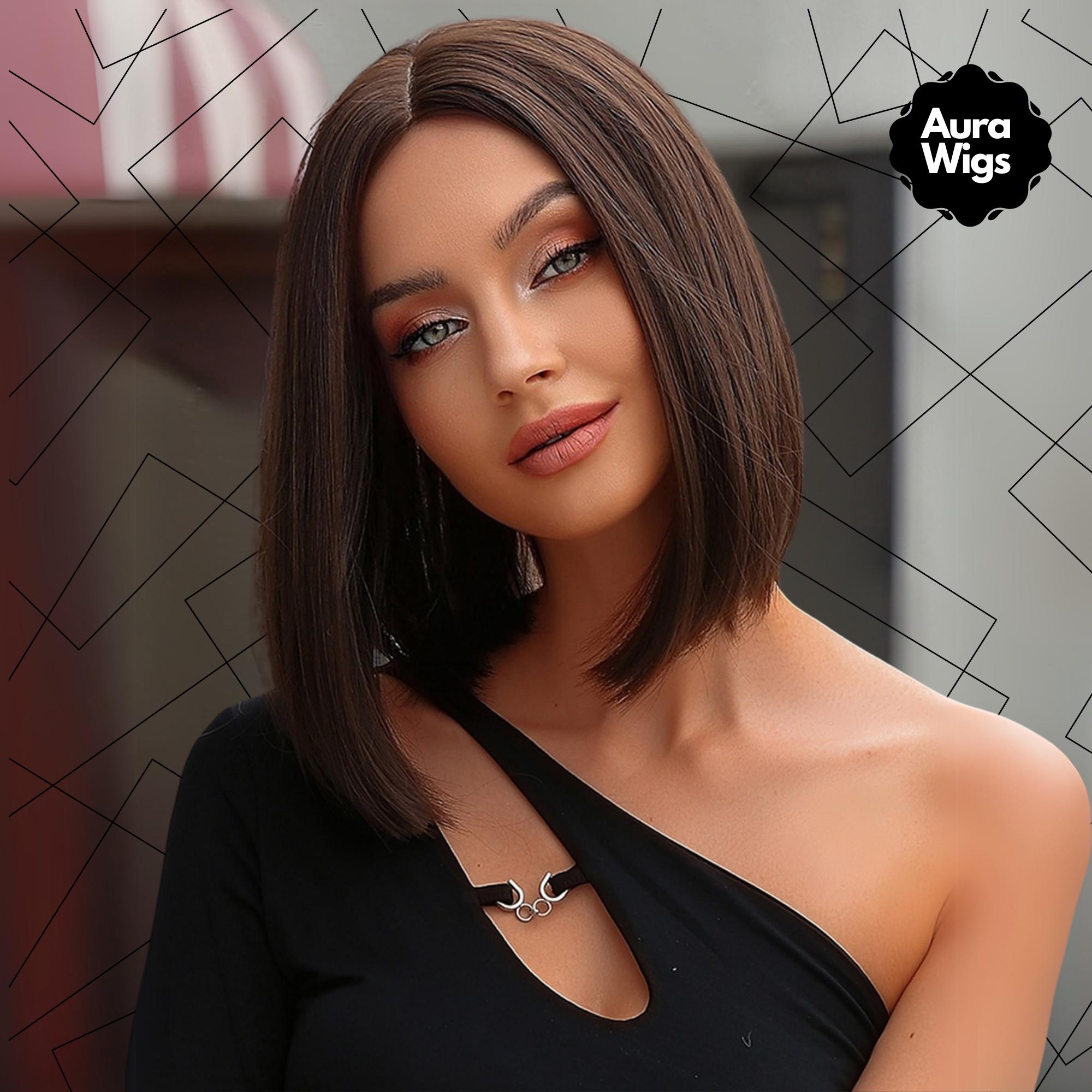 Women light Brown Heat Resistant Synthetic Bob Party Neon Wig Bangs 12 Inch Ombre Blue Wig With Bangs: Dark Brown Synthetic Bob, Cosplay  main image 4