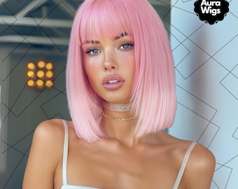 14 Inch Pink Wigs, Short Wigs, Ombre Wigs, Woman Wigs, Straight Wigs, Bob Wigs, Synthetic Wigs, Pink Hair, Costume Wigs, Cosplay Wigs