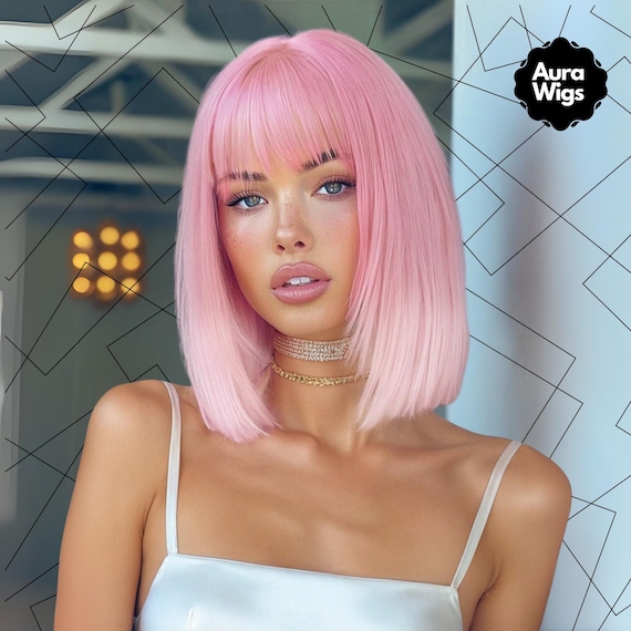 Pink Ombre Bob Wig With Bangs, Heat-resistant Synthetic Hair  display picture 3