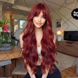 28 Inch Long Burgundy Red Wig with Bangs, Deep Wine Wavy Heat-Resistant Wig for Women, Layered Natural Hair Look, Halloween Wig, Costume Wig