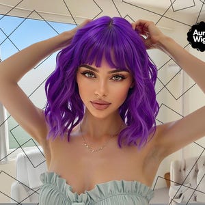 Vibrant Purple Wavy Bob Wig with Bangs, Short Cosplay Wig for Women, Heat-Resistant Synthetic Hair, Bold Festival, Halloween Wig, Woman Hair