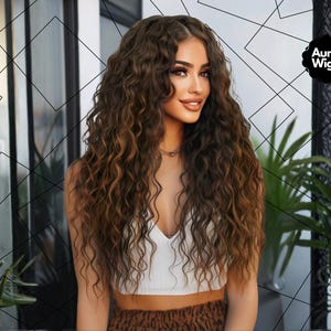 May include: A woman with long, curly brown hair. She is wearing a white top and a patterned skirt. The image includes the Aura Wigs logo. The background features plants and geometric shapes.
