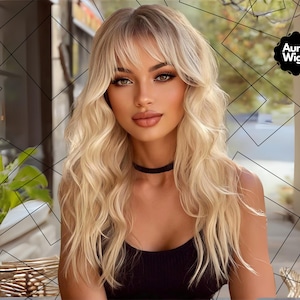 May include: A woman with long, wavy blonde hair and bangs. She wears a black top and a black choker. The image includes the text "Aura Wigs" in a black circle.