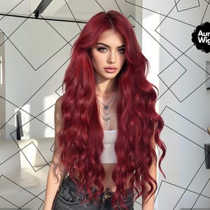 May include: A woman with long, wavy, red hair. The hair cascades down her shoulders and chest. She wears a white top and denim jeans. The Aura Wigs logo is in the upper right corner.