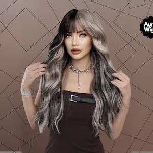 Long Wavy Black and Silver Wig With Bangs, Two Tone High Contrast Layered Synthetic Wig, Heat Resistant Cosplay & Fashion Hair For Women