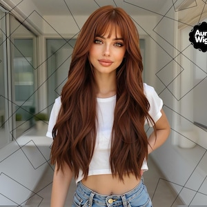 May include: A woman with long, wavy auburn hair and bangs. She is wearing a white crop top and blue jeans. The image includes the text "Aura Wigs" in a black circle.