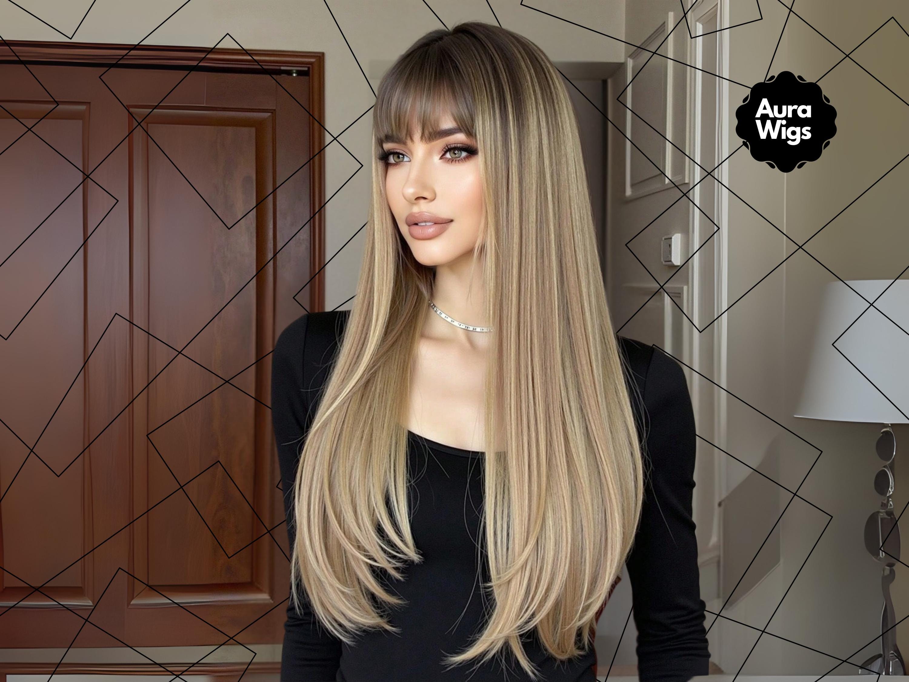 Long Straight Mixed Blonde with Bangs Fashion Wig for Women Heat Resistant Blonde Long Layered Wig with Bangs,Straight Hair Wigs for  main image 4