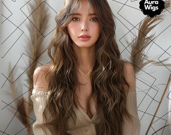 28 Inch Brown Wavy Wig, Heat-Resistant Synthetic Hair with Bangs