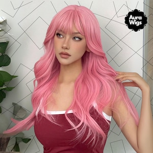 24 Inch Pink Wigs, Long Wigs, Woman Wigs, Wavy Wigs, Pink Hair, Woman Hair, Synthetic Wigs, Costume Wigs, Cosplay Wigs, Daily Wigs