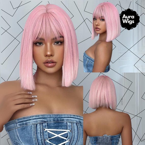 Pink Ombre Bob Wig With Bangs, Heat-resistant Synthetic Hair 