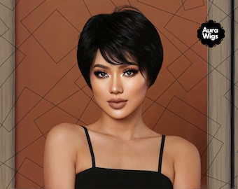 Short Black Pixie Wig, Layered Heat-Resistant Synthetic Hair