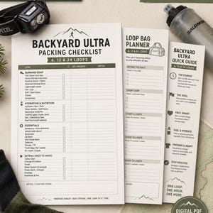 Pode incluir: Uma lista de verificação de embalagem Backyard Ultra, um planejador de bolsa de volta e um guia rápido impressos em papel branco. Os documentos apresentam texto preto, ícones de montanha e seções para equipamento, hidratação e estratégia.