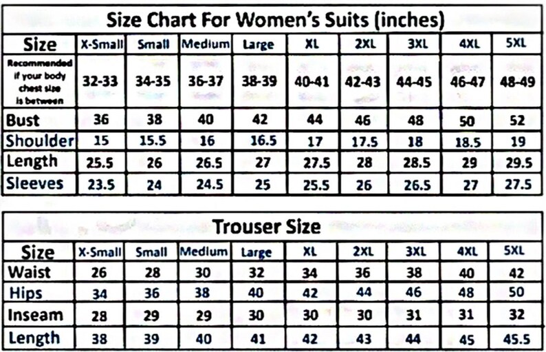 May include: Size chart for women's suits and trousers in inches. The chart lists measurements for bust, shoulder, length, sleeves, waist, hips, inseam, and length for sizes X-Small to 5XL.