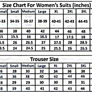 May include: Size chart for women's suits and trousers in inches. The chart lists measurements for bust, shoulder, length, sleeves, waist, hips, inseam, and length for sizes X-Small to 5XL.