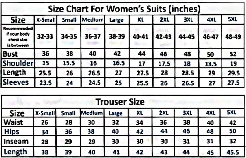May include: Size chart for women's suits and trousers in inches. The chart lists measurements for bust, shoulder, length, sleeves, waist, hips, inseam, and length for sizes X-Small to 5XL.