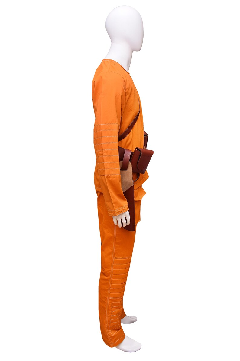 This listing features a high-quality, screen-accurate Star Wars Rebel Pilot/Prisoner Costume Replica, perfect for cosplayers, collectors, and fans. The outfit includes a bright orange flight suit with detailed stitching, padded knee panels, and large utility pockets for an authentic look. A brown leather belt with holsters and an adjustable cross-body strap completes the ensemble, making it a must-have for conventions, cosplay Mandalorian events, and Star Wars enthusiasts.  Halloween, Comic-Con.
