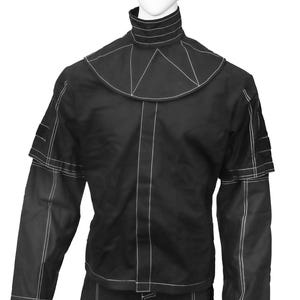 May include: A black long-sleeved shirt with a high collar and white stitching. The shirt has a geometric design on the collar and sleeves.