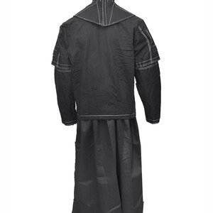 May include: A black long-sleeved jacket with a high collar and white stitching. The jacket has a long skirt attached to it.