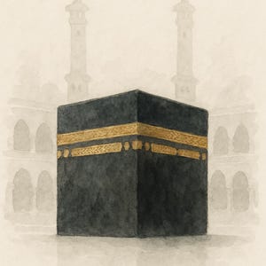 May include: A watercolor painting of the Kaaba, a cube-shaped building in Mecca, Saudi Arabia. The Kaaba is covered in black cloth and has a gold band around it. The painting also shows two minarets in the background.