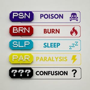 Könnte beinhalten: Fünf rechteckige Statusmarker mit verpixelten Texten und Symbolen. Der lila Marker zeigt PSN POISON mit einem Totenkopf, rot zeigt BRN BURN mit einer Flamme, blau zeigt SLP SLEEP mit Zs, gelb zeigt PAR PARALYSIS mit einem Blitz und schwarz zeigt ??? CONFUSION mit einem Fragezeichen.