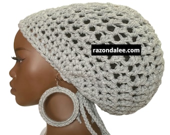 Chunky Crochet Large Dreadlock Tam with Drawstring Light Gray Razonda Lee RazondaLee