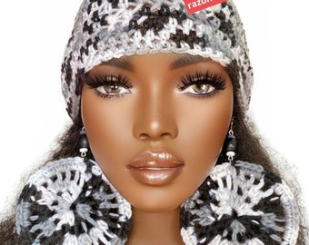 Crochet Skull Cap Fitted Beanie Black White Gray by Razonda Lee Razondalee