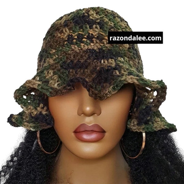 Crochet Wavy Trim Bucket Hat Camouflage Camo Army Fatigue by Razonda Lee Razondalee RN