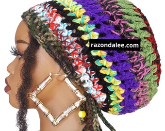 Ready to Ship Chunky Crochet Beret with Drawstring/Razonda Lee RazondaLee/Patchwork/Hippie/ Bohemian