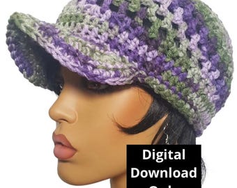 May include: A crocheted hat with a purple, green, and gray color pattern. The hat has a brim and is worn on a mannequin's head. The text "Digital Download Only" is visible in the image.