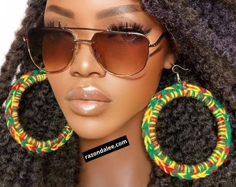 Jumbo Large Crochet Hoop Earrings Rasta Colors by Razonda Lee RazondaLee