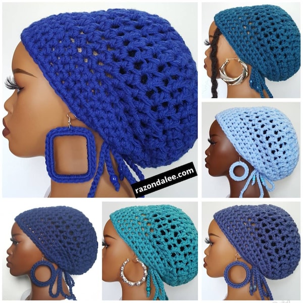 Chunky Crochet Dreadlock Tam Hat with Drawstring by Razonda Lee RazondaLee Light Blue/Slate/Aqua/Royal/Dark/Teal