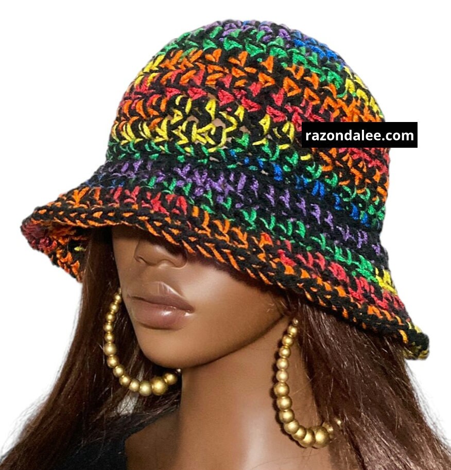 Crochet Bucket Hat Black Rainbow Colors by Razondalee