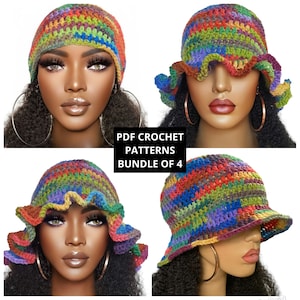 Puede incluir: Un conjunto de cuatro patrones de gorro de crochet. Los gorros son coloridos y presentan una variedad de puntos. Los patrones están disponibles para descargar en PDF. PDF CROCHET PATTERNS BUNDLE OF 4