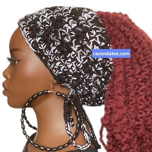 May include: A crochet beanie in a black and white variegated yarn pattern featuring dangling ties with black beads. The beanie is worn with large black hoop earrings and a long, textured, deep burgundy hair extension. Text reads razondalee.com.